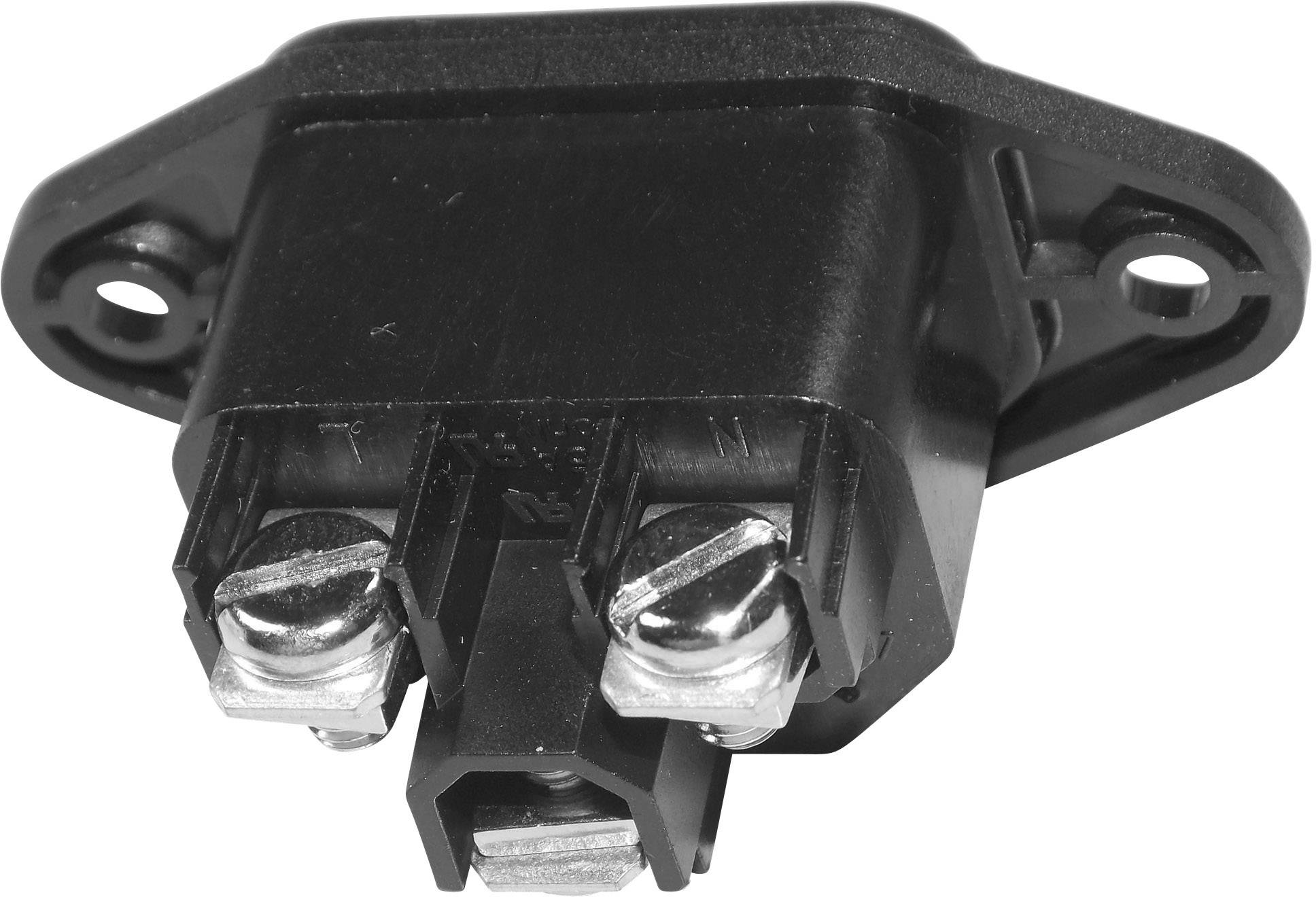 A black electrical connector with two visible screw fixings and three terminal connections.