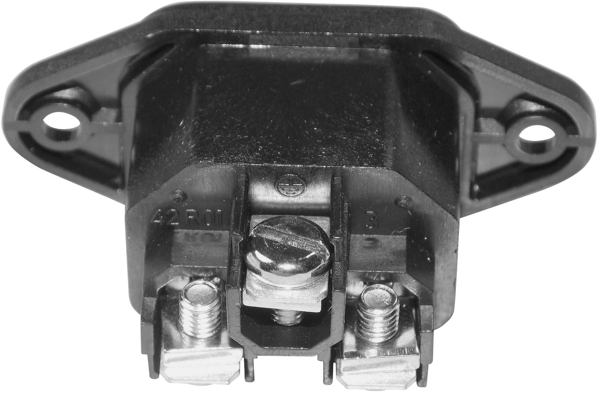 Black electrical terminal block with three connections and two mounting screws, suitable for electronic connections.