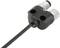 Black Y-splitter with two connectors and one cable connection, used for connecting electronic devices.