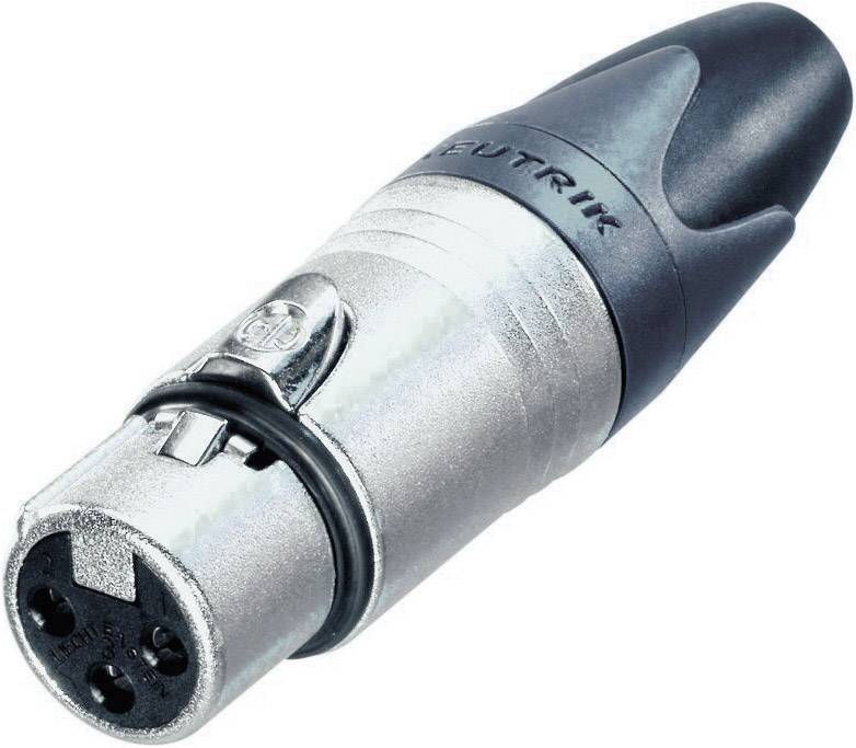 A silver and black XLR plug, used in audio technology for microphones and other sound connections.