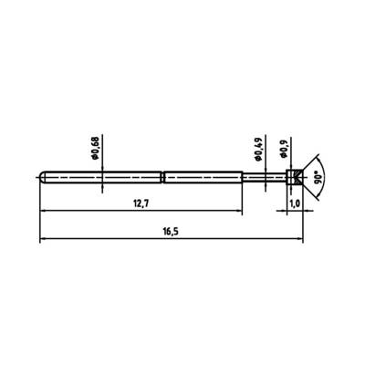 Technical drawing of a pen with dimensions: Total length 16.5 mm, main section 12.7 mm, diameter variable from 0.68 to 0.9 mm.