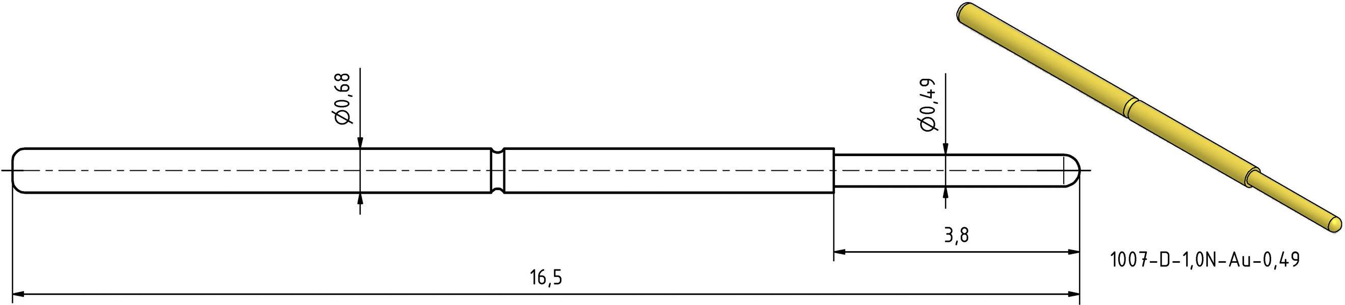 Technical drawing of a connector. Left: Side view with dimensions (Ø 0.68, 16.5, 3.8, Ø 0.9). Top right: Angled view.