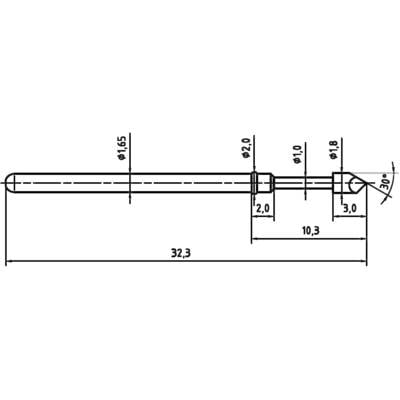 Technical drawing of a cylindrical pin with dimensions: Length 32.3 mm, diameter 1.65 mm, bevelled tip at 30 degrees.
