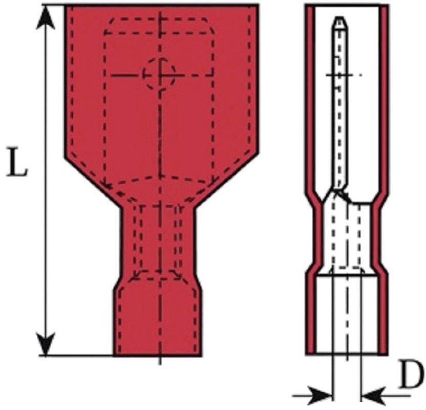 'Drawing of a red flat plug with dimensions L and D. Detailed interior view shows construction and measurements.'