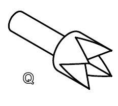 A stylised drawing of a thorn with three teeth at one end and the letter 'Q' beside it.