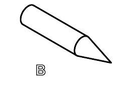 A 3D drawing showing a cylinder with a pointed conical tip. The letter 'B' is positioned underneath.