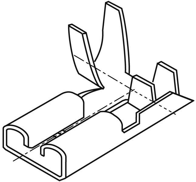 Technical drawing of a clip with protruding wings. The clip has a base and curved sides that may be used for attachment.