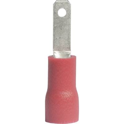 Red flat-pin socket with silver metal connector for electrical connections.