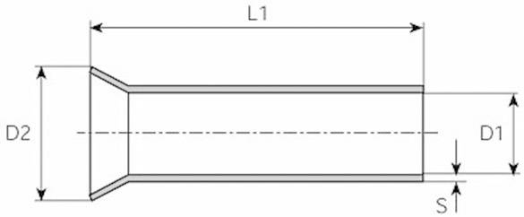 Technical drawing of a cylindrical tube with an enlarged end. Markings indicate dimensions: Length (L1), Diameter (D1, D2) and Wall Thickness (S).