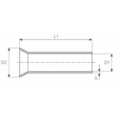 Technical drawing of a cylindrical tube with an enlarged end. Markings indicate dimensions: Length (L1), Diameter (D1, D2) and Wall Thickness (S).