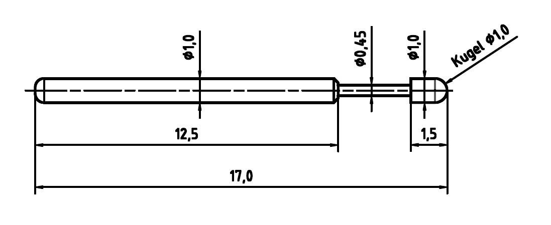 Technical Drawing of a Pen with Dimensions: Total Length 17.0, Body 12.5, Ball ø1.0, Tip ø0.45, Tip Length 1.5.
