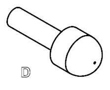 A schematic diagram of a cylindrical object with a sphere at its end, marked with the letter 'D'.