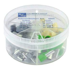Box of wire end ferrules in various sizes and colours, with quantity per package indicated on the lid.