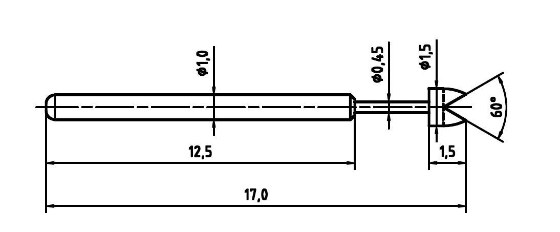 Technical Drawing of a Pencil with Dimensions: Total Length 17.0; Grip Diameter 1.0; Point Angle 60°; Tip 0.45; Grip Length 12.5.