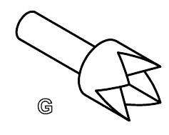 A drill with three sharp teeth, next to the letter 'G'.