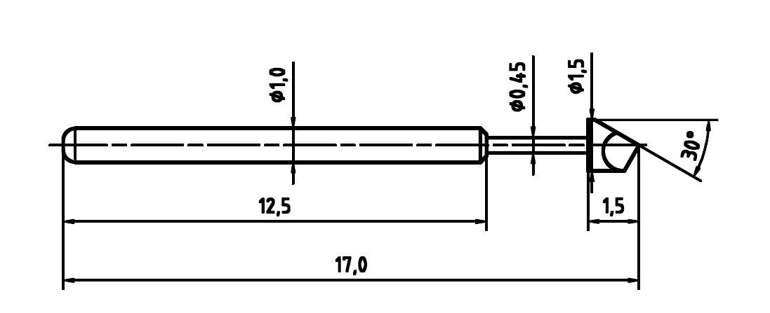 Technical Drawing of a Pen with Length Specifications: Total Length 17.0; Main Body 12.5; Tip 1.5; Angle 30 Degrees; Diameter 1.0, 0.45, 1.5.
