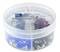 Round plastic container with various coloured wire end ferrules, labelled with sizes and quantities. Contains blue, red, and black ferrules.