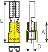 Technical drawing of a blue connector with the marked dimensions L, A, and D. Shows detailed view of connection components.