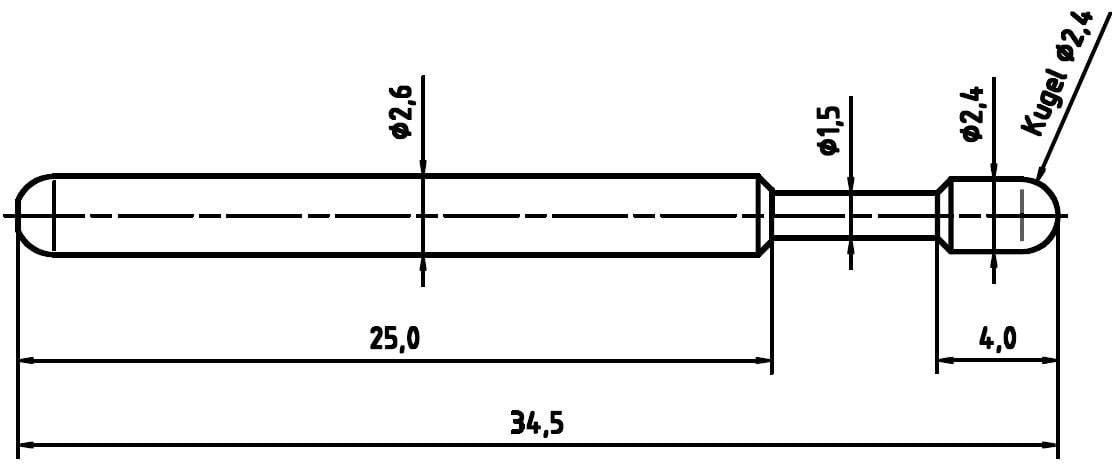 Technical drawing of a pen with a ball at the end. Dimensions: Total length 34.5, main body 25.0, ball diameter 2.4.