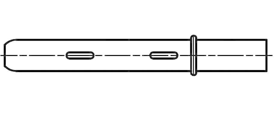 Drawing of a cylindrical metal part with two rectangular openings and a ring on one side.