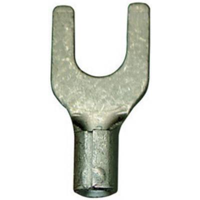 A metal fork terminal used for electrical connection or securing wires.