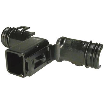 Black plastic plug with a right-angled design and two round connectors, potentially part of an electrical connection system.