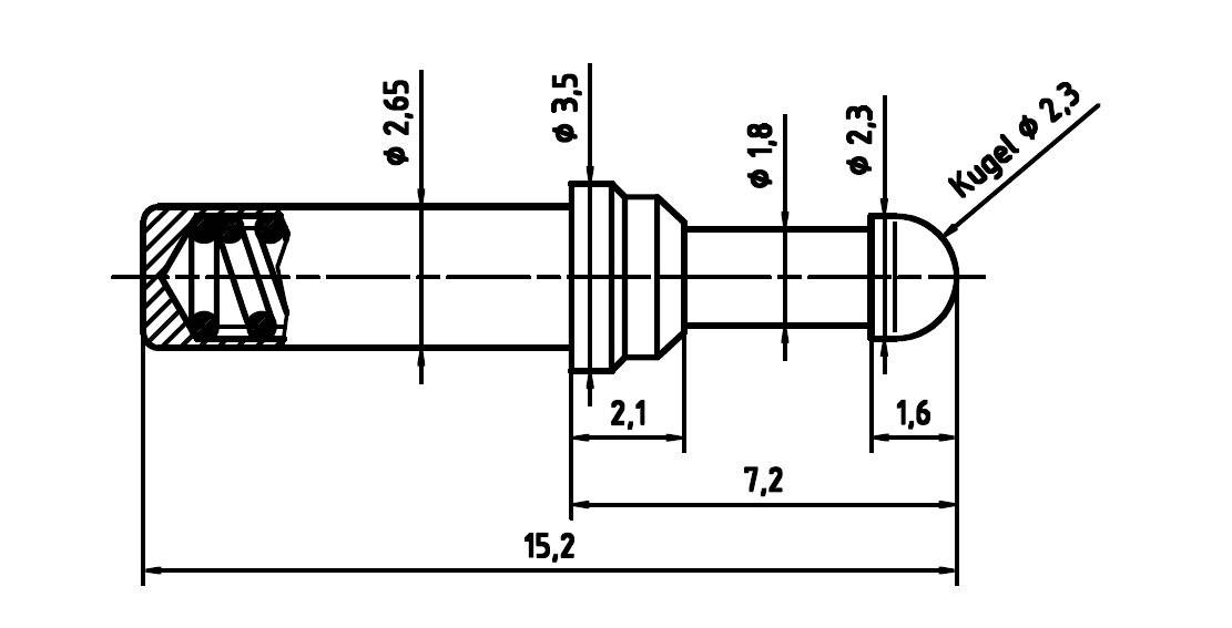 Technical drawing of a plug with dimensions in millimetres: Total length 15.2, diameter varies from 1.8 to 2.65, ball 2.3.