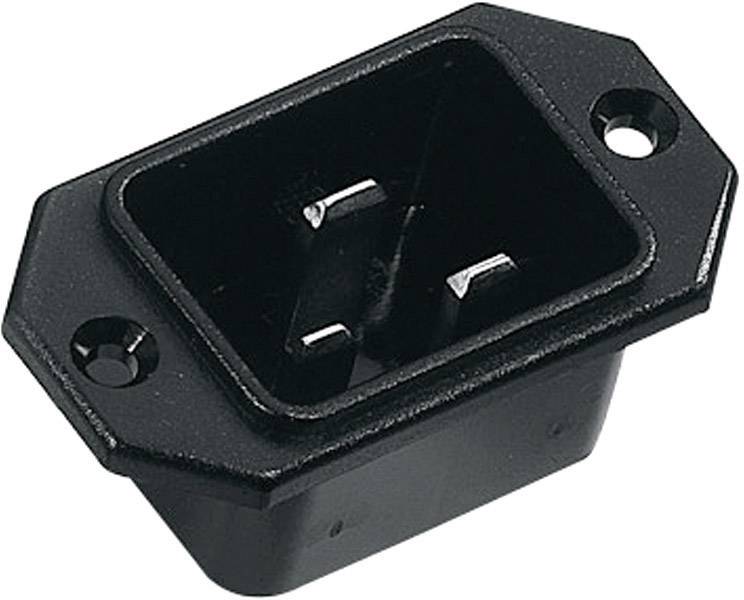 Black, rectangular IEC socket with two screw holes for mounting, suitable for power connections on electronic devices.