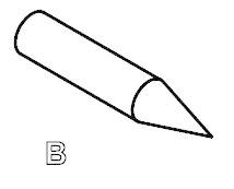A 3D drawing of a conical pencil with the inscription 'B'. The pencil points to the right, with a clearly defined tip.