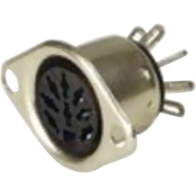 A six-pin round socket with a metal casing and pins at the rear, commonly used for electrical connections.