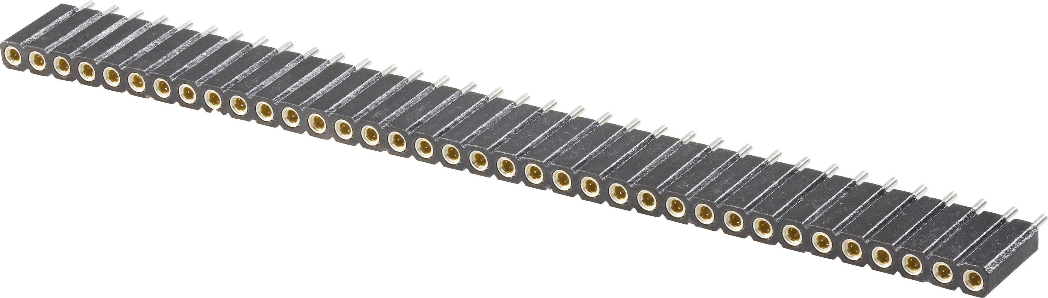 A series of soldered pin headers with 27 pins, positioned at an angle, suitable for electronic connections.