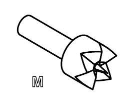 Figure of a cutting tool with a conical head and six cutting flanks. Next to it is the letter 'M'.