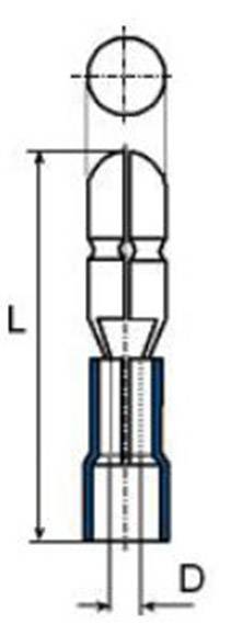 Technical Drawing: Cross-section of a Connector with Dimensions. A circular shape at the top; a narrow tube below. Height (L) and Diameter (D) marked.