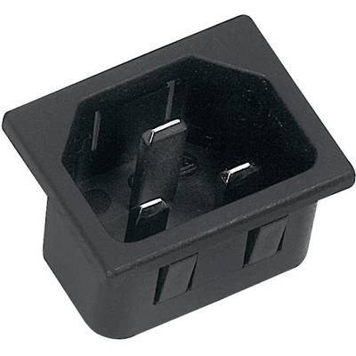 Black cold appliance flush-mount socket with rectangular shape and three connection pins, for use in electrical devices and installations.