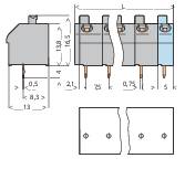 Technical drawing of an electromechanical component with dimensions and labels. Shows mechanical details and connection points.