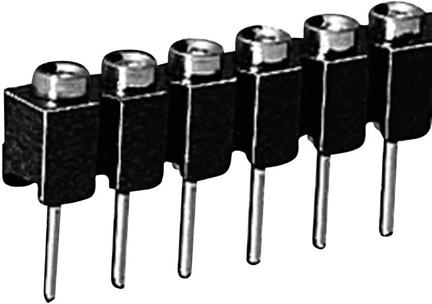 A series of six-pole pin headers positioned vertically, with black plastic housings and silver metal covers.