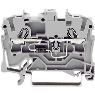 A grey, electrical terminal block with connection points at the top and bottom, used for safely connecting and branching electrical cables.