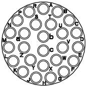 Circular grid with letters from A to Z arranged in alphabetical order, some spaces left empty.