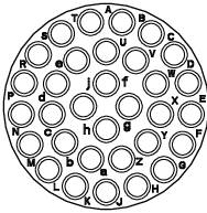 A complex geometric pattern with letters arranged in a circle. Letters are sorted in the English alphabet.