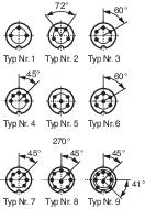Nine circular circuit diagrams, numbered from Type No. 1 to No. 9, show different angles and contact arrangements.