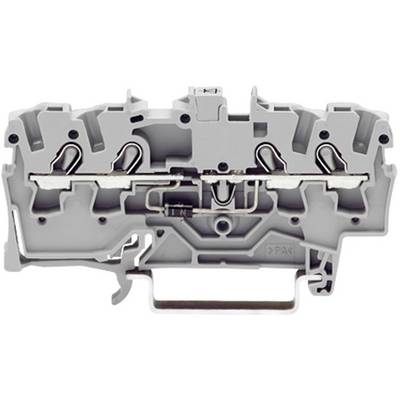A grey multi-terminal connection block with several connection points and metal contacts, used in electrical circuits.