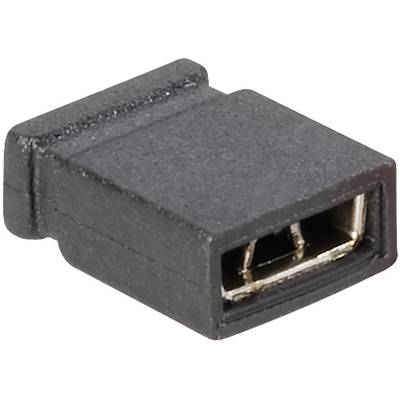 A black adapter plug with a rectangular connection, suitable for electronic connections, with silver contacts visible.