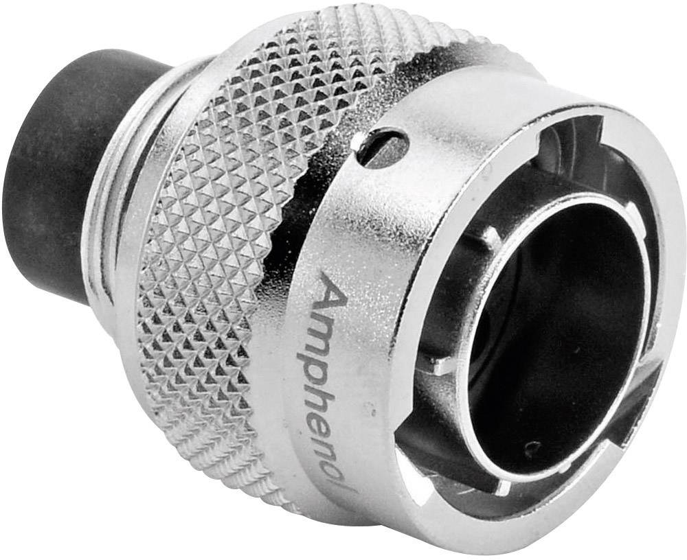 Metallic coaxial plug with knurled handle and black internal insulation. 'Amphenol' text engraved on the edge.