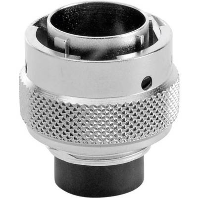 Metal connector with a ribbed surface and black plastic base, suitable for pipe or hose connections.