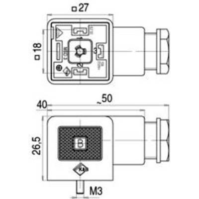 Technical drawing of a connector with dimensions. Top view above, side view below. Dimensions in mm: 27, 18, 50, 40, 26.5.