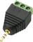 'Black 3.5 mm jack adapter with green screw terminal block, marked with L, R and T for connection connections.'