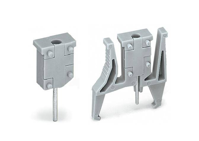 Grey plastic cable clips: vertically positioned on the left, horizontally positioned on the right with two pivoting mounting arms.