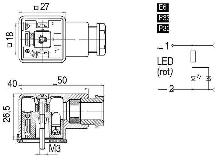 Technical drawing of a plug with dimensions and electrical circuit diagram. Top: Top and side view. Right: LED connection details.