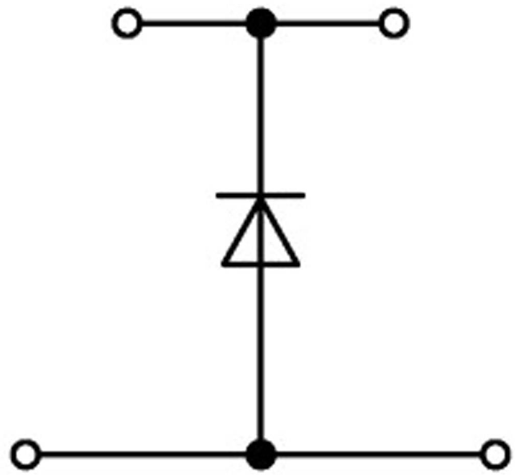 Electronic circuit diagram of a rectifier: In the centre is a diode, with leads running upwards and downwards.