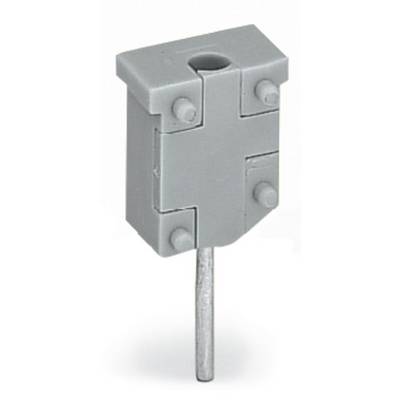 A grey, rectangular plastic plug with a single metal pin at the bottom.